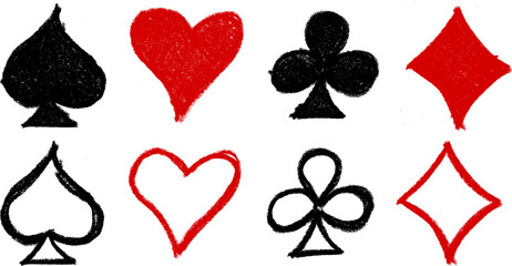 Clubs Heart Spades Diamond Poker Symbols Icons Crayon Chalk Drawing Vector Set