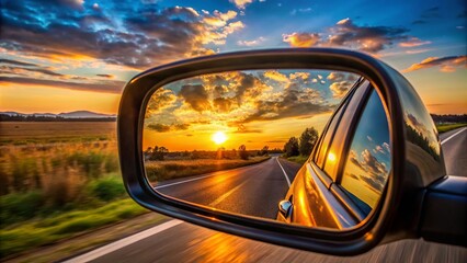 Bright, colorful sunset reflected in a car's side mirror while driving down an open countryside road. Ideal for travel, adventure, and reflection themes...