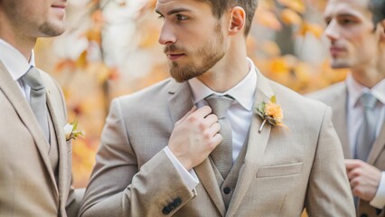 A groom adjusts his tie while standing with his groomsmen in an outdoor autumn wedding setting. Ideal for wedding, style, and celebration-themed content...