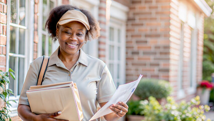 A cheerful female postal worker smiling while delivering packages and mail on a sunny day in a residential neighborhood. The background shows a cozy suburban area, enhancing the friendly