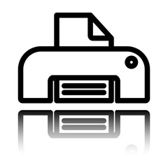 Printer, print simple icon. Flat design. Black icon with mirror reflection. White background