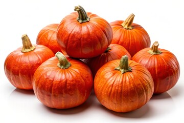 Obraz premium Hokkaido Pumpkins Red Kuri Group on White Background Fresh Organic Vegetables Autumn Harvest Decor