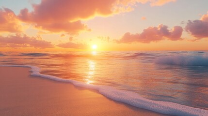 Fototapeta premium Sunset over a pristine beach, bright orange and pink sky reflecting on calm sea