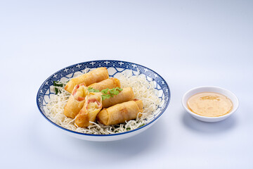 Crispy Spring Rolls with Dipping Sauce and Rice