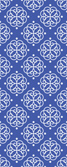 A repeating pattern featuring intricate white designs on a blue background, suitable for textiles or wallpapers.