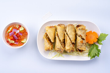 Crispy Spring Rolls with Dipping Sauce on Plate