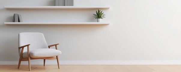 Fototapeta premium Modern living room featuring a minimalist chair, shelves, and a decorative plant for a cozy and stylish ambiance.