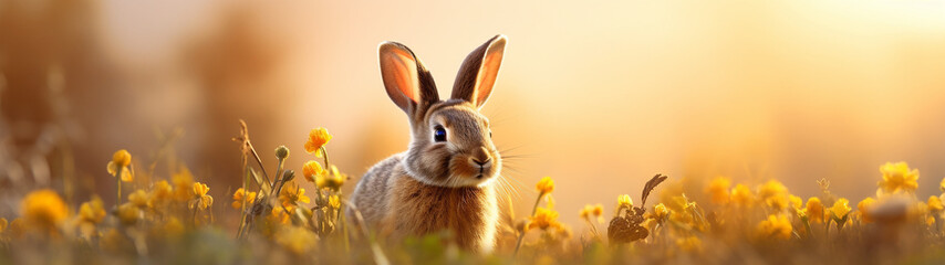 Fototapeta premium Banner with adorable rabbit sitting in a meadow surrounded by flowers during a warm sunset