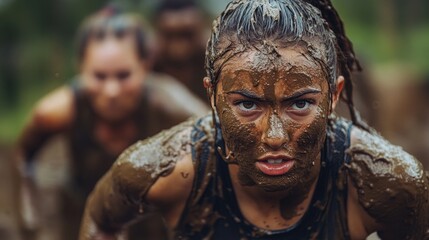 Diverse Athletes Participating in an Obstacle Course Race, Covered in Mud and Displaying Determination