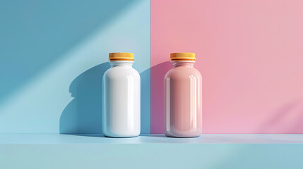 Two bottles with wooden lids stand on a shelf, one white and one pink.