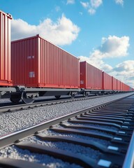 Obraz premium Red cargo containers on railway tracks under a blue sky.