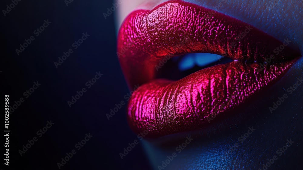 Poster A close-up view of vibrant, glossy lips with a shiny finish against a dark background in an artistic display of beauty. Generative AI