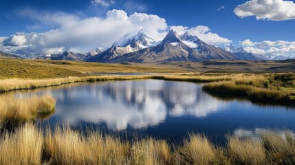 Majestic Mountain Landscape with Serene Lake Reflection and Dramatic Sky