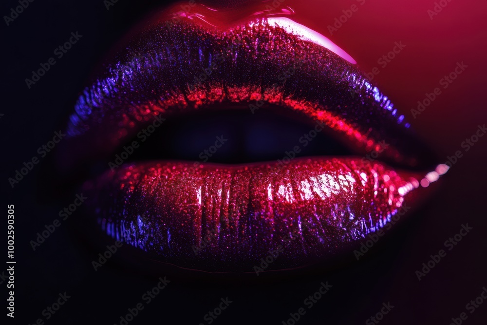 Poster close-up of glossy lips showcasing a vibrant, shiny finish against a dark background in a visually s