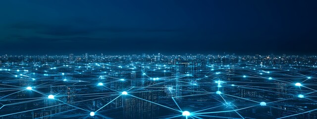 Abstract digital cityscape with glowing blue blocks representing buildings and network connections