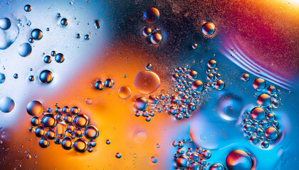 Colorful liquid drops in oil or water. Abstract patterns and swirls. Close-up.