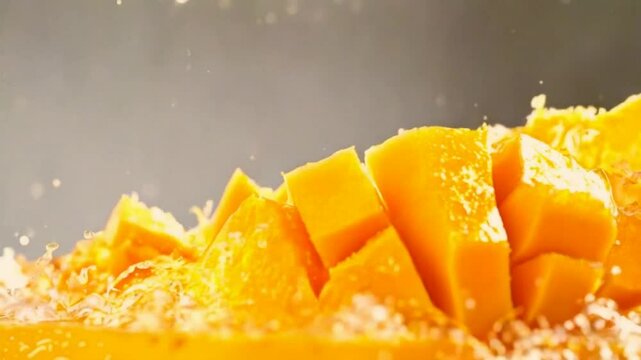 Mango cube slices on mango juice that taste great and are juicy.