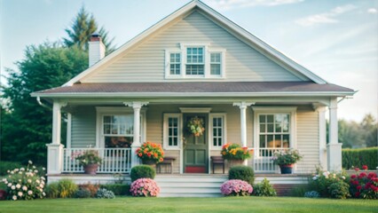 Fototapeta premium A Charming Cottage-Style House with a Welcoming Front Porch Adorned with Beautiful Flowers and Lush Green Grass