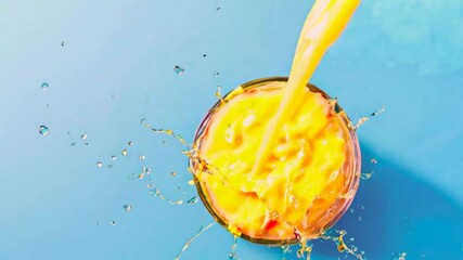 Mango juice is pouring and splashing into a clear glass on a blue sky table, flat lay.
