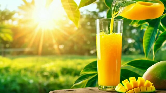 Mango juice is pouring into a clear glass on nature farm background, sunlight in the morning.