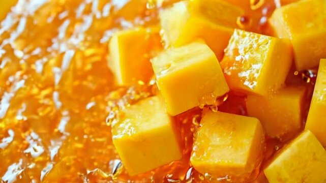 Mango cube slices on mango juice that taste great and are juicy.