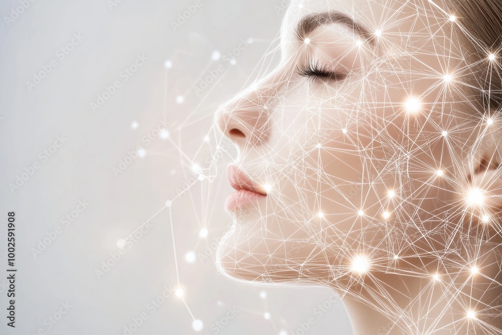 Poster Abstract representation of skincare processes with lines and dots depicting facial rejuvenation techniques and diagrams. Generative AI