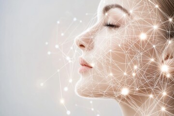 Abstract representation of skincare processes with lines and dots depicting facial rejuvenation techniques and diagrams. Generative AI