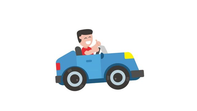 animated cartoon illustration of a man driving a car with thumbs up hand gesture, alpha channel background, looping animation
