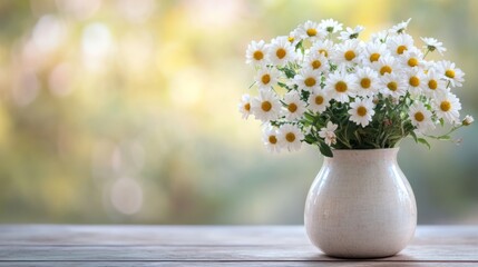 Charming Bouquet of White Daisies in Rustic Ceramic Vase on Wooden Table with Soft Natural Background