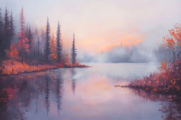 Fototapeta premium A serene autumn morning with mist rising from the surface of the Boreal Forest lake, surrounded by colorful fall foliage trees. The sky is painted in soft pastel hues as the sunlight gently illuminate