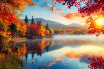 Paisaje oto&ntilde;al con &aacute;rboles coloridos y niebla en un lago en New Hampshire, EE. UU. Bosque oto&ntilde;al al amanecer. Fondo de naturaleza oto&ntilde;al.