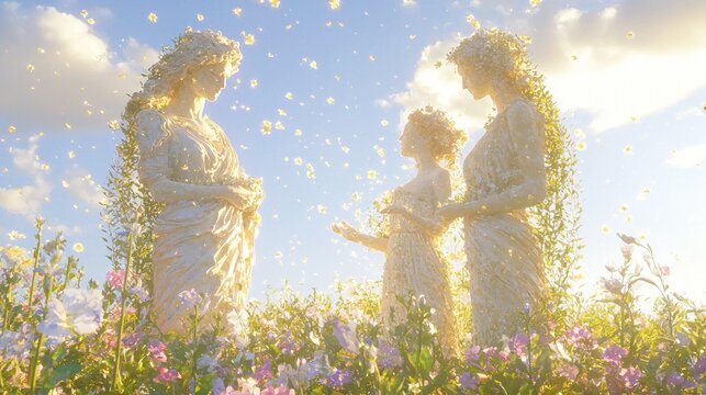 Mother-Daughter Bond: Demeter and Persephone Embracing the Cycle of Life in a Blossoming Field of Flowers