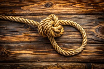 Obraz premium Intricate Noose Knot Tied with Natural Twine on Rustic Wooden Background for Symbolism and Artistry