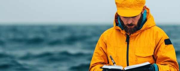 An environmental scientist measuring the receding shoreline as sea levels rise, with climate data displayed in the background, environmental monitoring, sea level rise