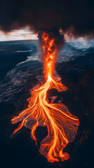 Lava Flow from an Erupting Volcano at Night
