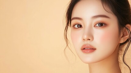 Naklejka premium Beautiful young asian woman with clean fresh skin on beige background, Face care, Facial treatment, Cosmetology, beauty and spa, Asian women portrait