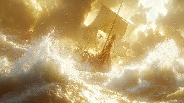 The Argonauts Battling a Ruthless Storm - Dramatic Scene of Crew Facing Waves and Tension at Sea