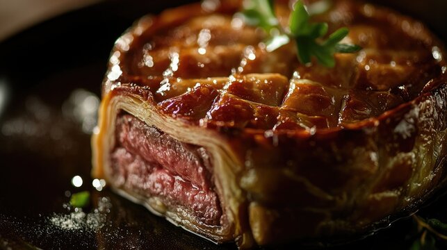 Close-up shot of a delicate paten crote, highlighting its intricate pastry design and luxurious fillings, perfect for fine dining.
