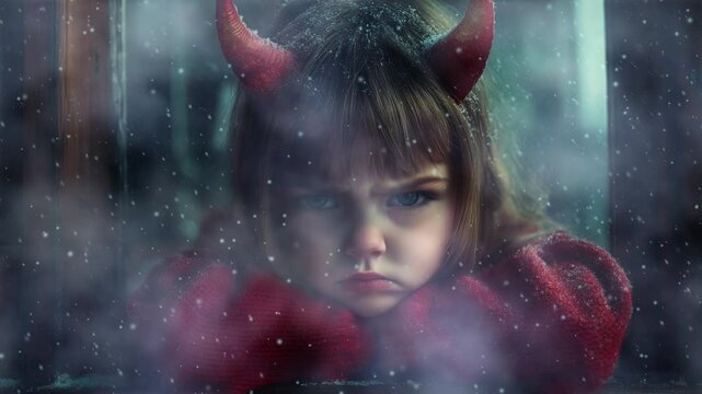  A little evil devil with glowing horns in a snowfall