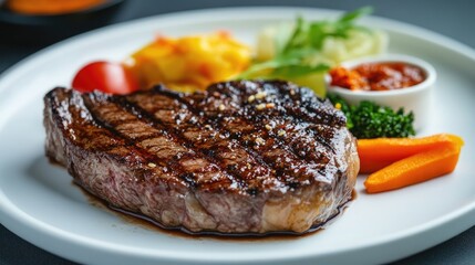 Close-up shot of a perfectly seared Kobe beef steak on a white plate, accompanied by colorful side dishes, showcasing culinary excellence.