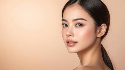 Naklejka premium Beautiful young asian woman with clean fresh skin on beige background, Face care, Facial treatment, Cosmetology, beauty and spa, Asian women portrait