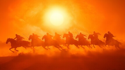 Golden Hour Glory: Intense Chariot Racing under a Majestic Sunset Sky