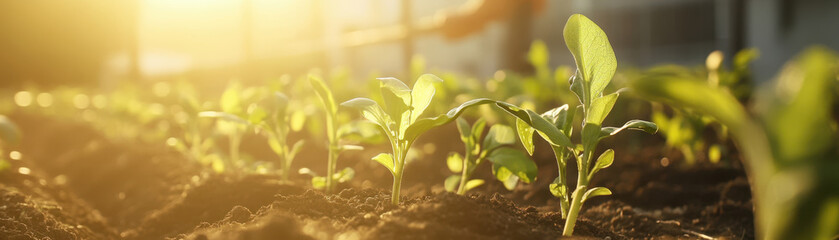 vibrant community garden showcases young plants thriving in rich soil, symbolizing growth and sustainability. warm sunlight enhances scene, evoking sense of hope and connection