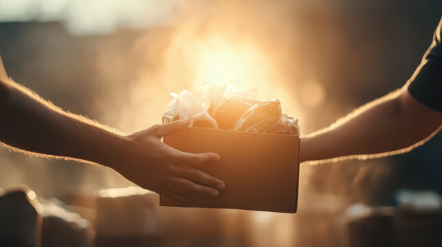 image captures moment of civic involvement, showcasing hands exchanging box filled with donations against warm, glowing background. This scene evokes sense of community and generosity