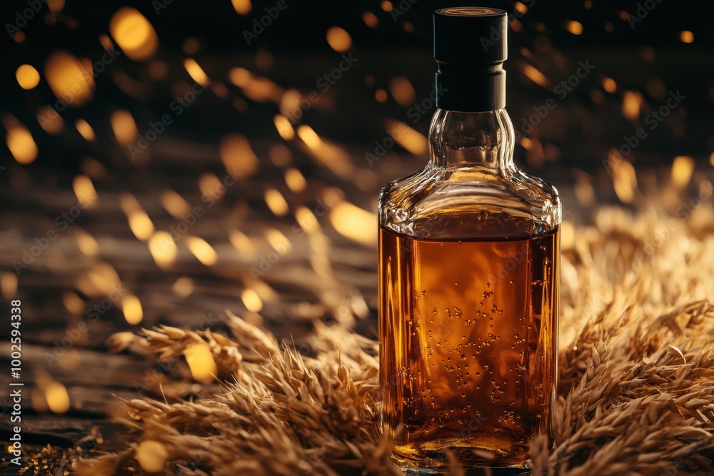 Poster Close-up of a whiskey bottle surrounded by decorative wheat and sparkling lights in a warm, inviting setting. Generative AI