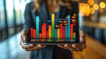 A person presents colorful data graphics on a tablet, showcasing business analytics in a contemporary office surrounded by warm lighting