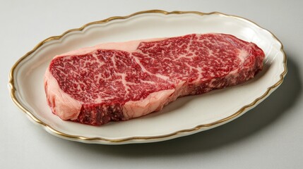 Obraz premium High-resolution shot of an exquisite Wagyu beef steak, showcasing its marbled texture and rich juiciness, served on a fine china plate