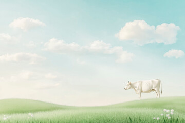 Fototapeta premium Serene White Cow Grazing on Lush Green Pasture Under Blue Sky with Clouds
