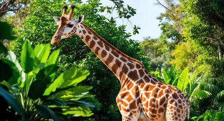 Obraz premium A tall Masai giraffe standing amidst vibrant green foliage in a sunny jungle