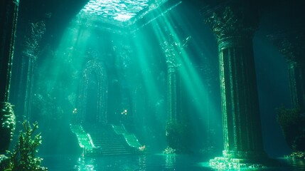 Tranquil Underwater Paradise: Poseidon's Palace with Coral Reefs, Sea Creatures, and Tridents